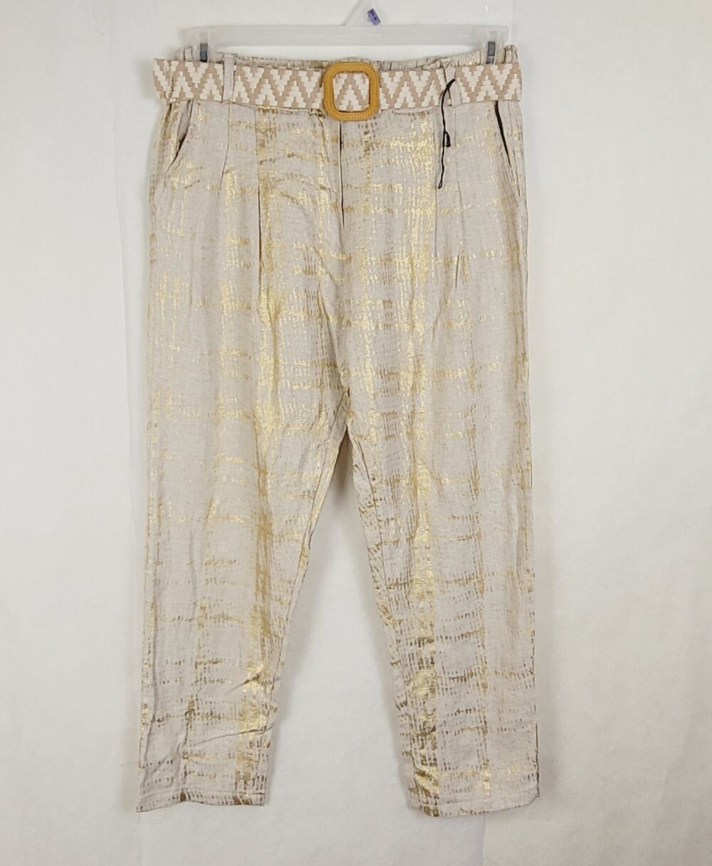 Linen Made in Italy Tan Metallic Gold Pull-On Ankle Pants Resort Glam Size 31